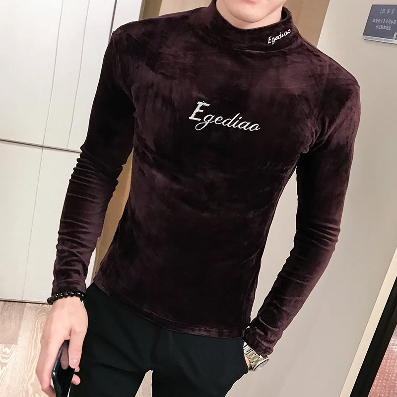 

2020 Embroidery Velvet Men Turtleneck Long Sleeve Shirts Tees Casual Slim Tops Hip Hop Social Streetwear T Shirt M-3XL