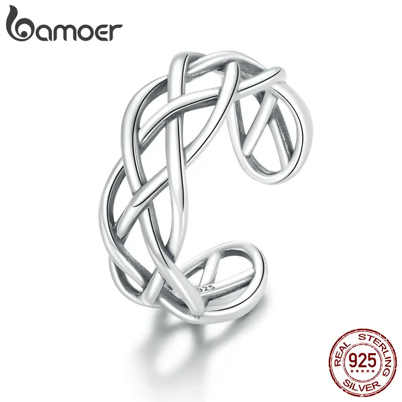 bamoer Genuine 925 Sterling Silver Woven Texture Ring Open Adjustable Finger Rings for Women Statement Wedding Jewelry SCR675