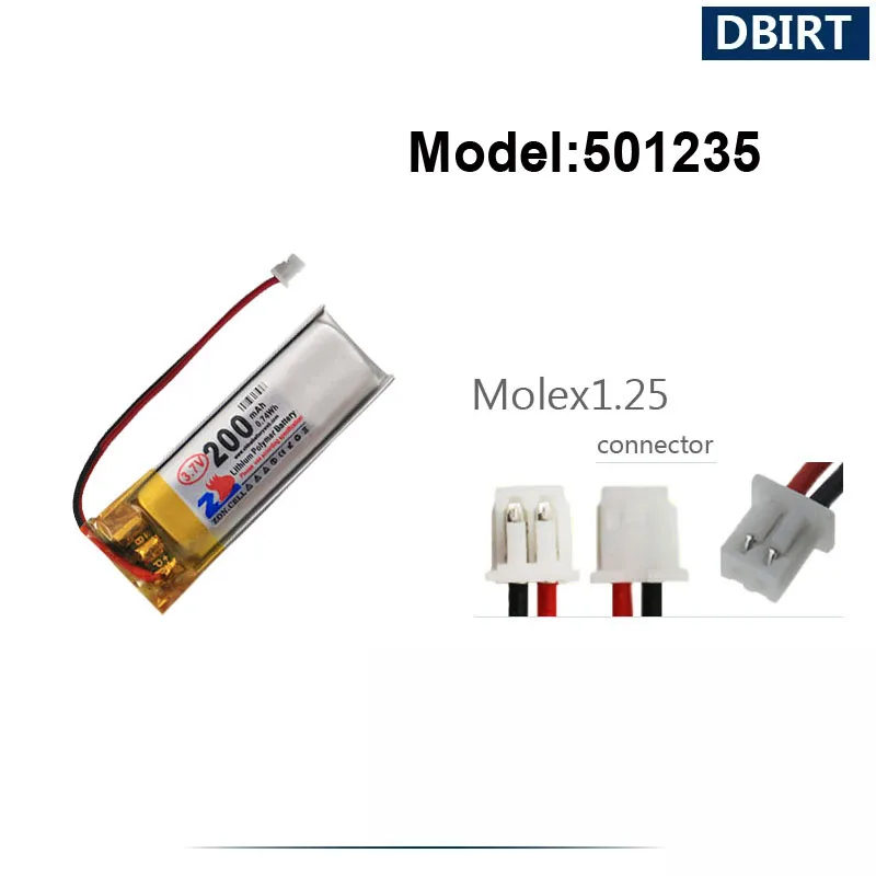 200mAh LP501235 AHB501235 501235 051235 Molex1.25 XH2.54 Connector Battery For Mp3 Mp4 Player Bluetooth Earphone Headset AKKU