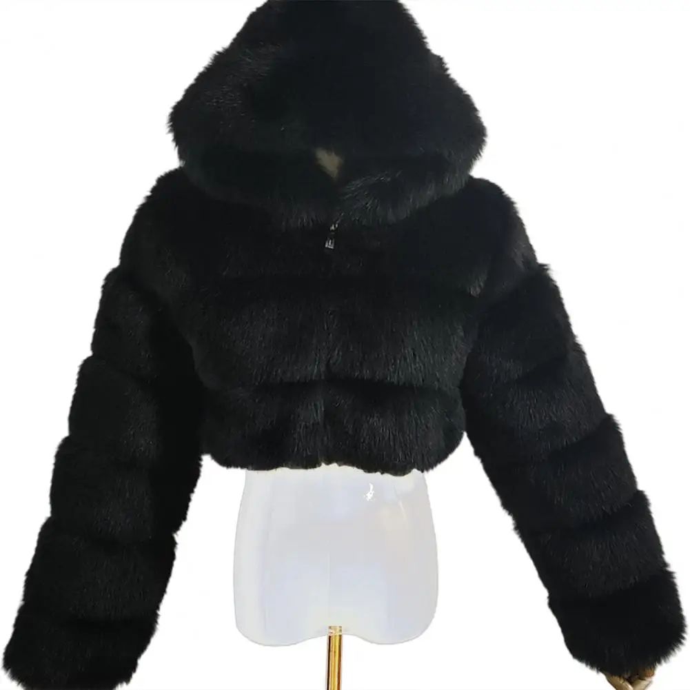 Faux Fur Women Jacket 2023 Fleece Warm Solid Color Patchwork Long Sleeve Hooded Zipper Coat Sexy Short Jacket