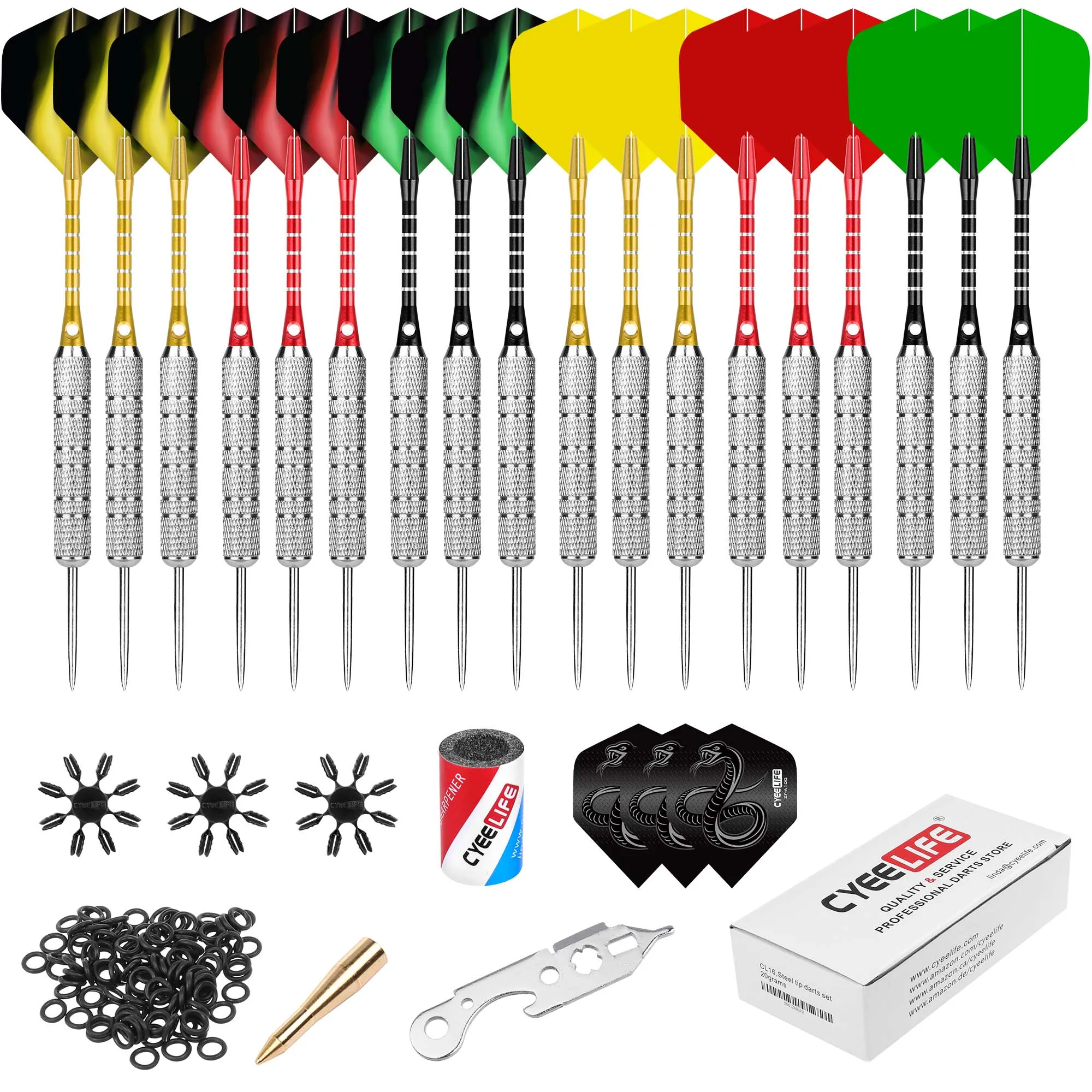 CyeeLife 18PCS Steel Darts18/20/22/28g Pet tail, aluminum rod, 50pcs rubber ring, 3pcs tail protector, grindstone