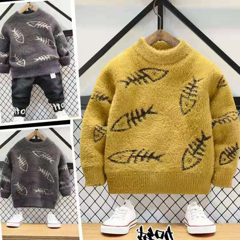 

2021 Spring Winter Baby Girl Boys Casual Sweater Children's Knitted Woolen Kids Small Fish Bone Warm Thicken Mink Down Cartoons