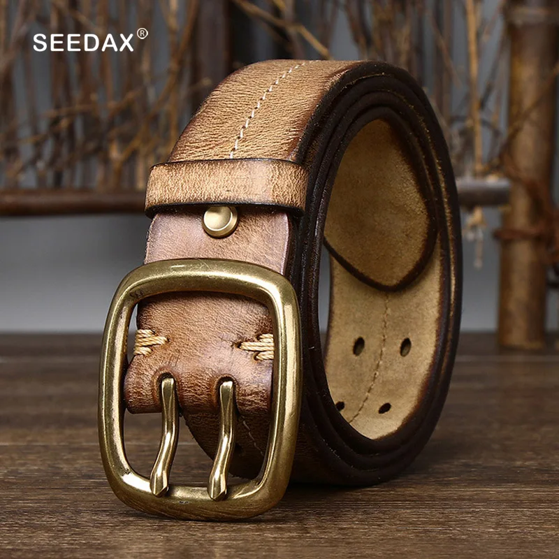 

Luxury Men's Genuine Leather Casual Jeans Belts Classic Work Business Dress Heavy Duty Belt for Men Pure Copper Prong Buckle