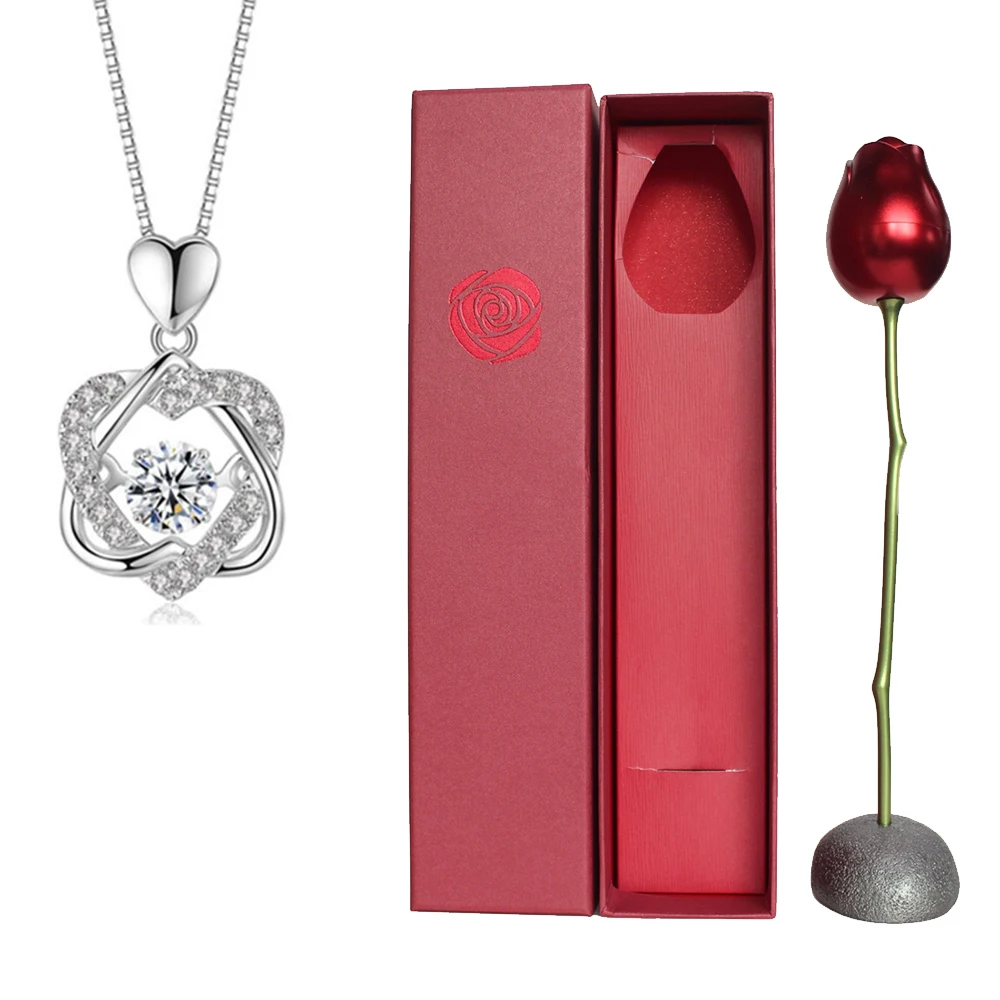 Creative Love Heart Necklace Set with Rose Simulation Flower  St Valentin Jewelry Box  Birthday Gift for Girlfriend