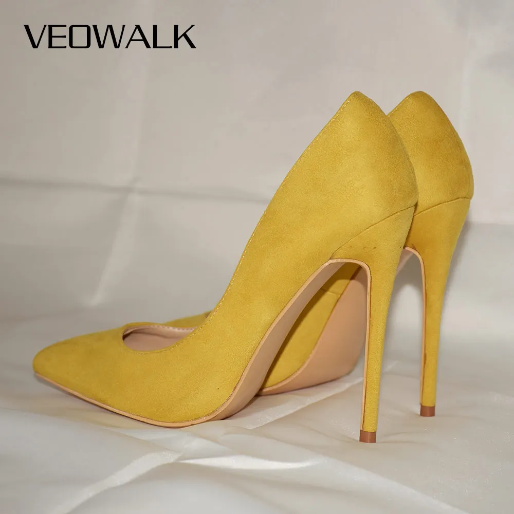 Veowalk Spicy Mustard Women Sexy Pointed Toe Stiletto High Heels Elegant Ladies Designer Flock Party Pumps Shoes 8/10/12cm