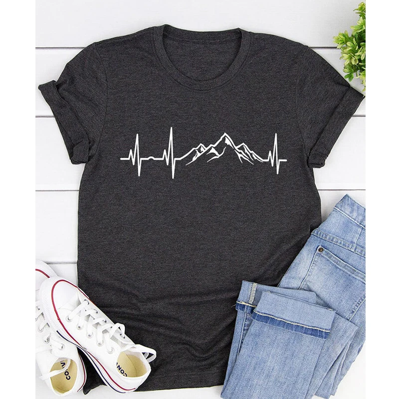 Mountains Heartbeat T-shirt Funny Unisex Graphic Adventure Awaits Tees Tops Casual Women Short Sleeve Summer Hiking Tshirt Femme