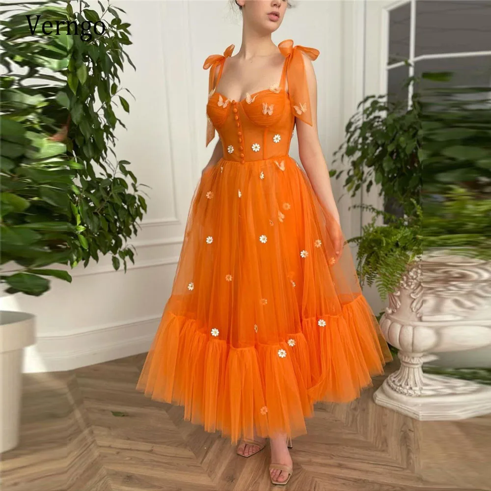 Verngo-Robe de soirée en tulle orange, ligne A, fleurs 3D, bretelles nouées, nœud noué, boutons initiés, longueur de rinçage avant, fête, Rh, quoi que ce soit, 2021