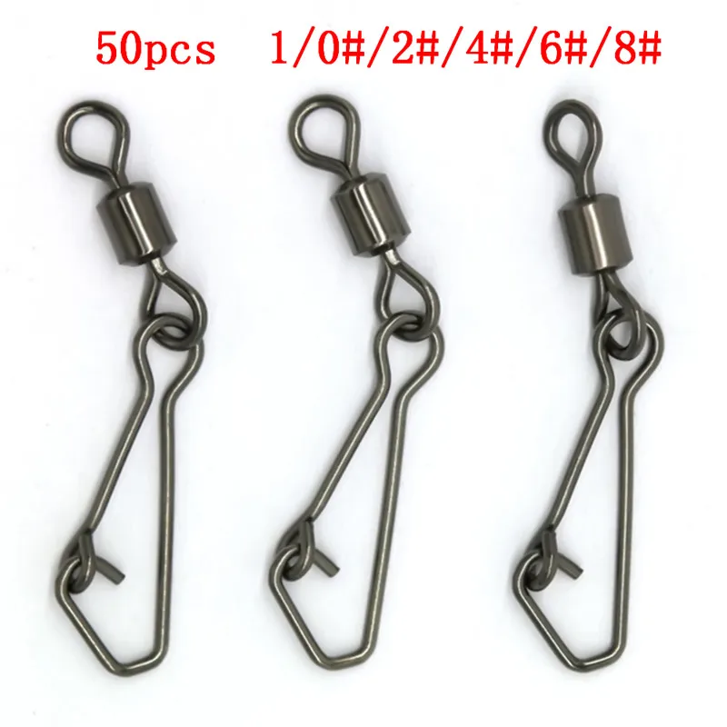 50pcs/pack 1/0#/2#/4#/6#/8# Bearing Fishing Swivels Snap Rolling Connector Swivel With Hooked Snap Fishing Accessories