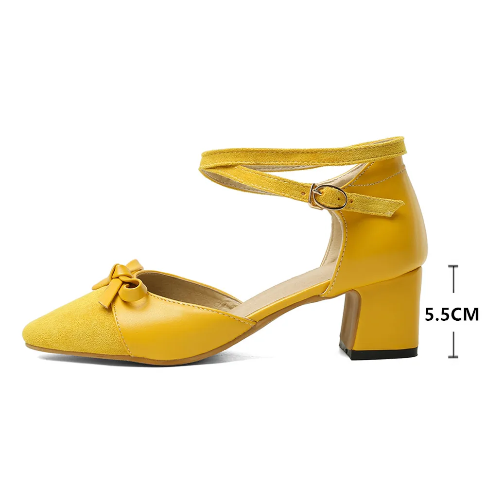 Sweet Women Bow High Heels Bottom Yellow Black Apricot Work Shoes Cross Ankle Strap Buckle Women Party Dress Shoes Size 33-43