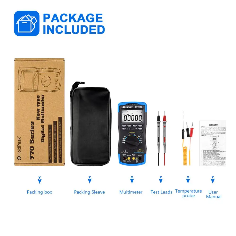 HoldPeak-multímetro Digital HP-770D True RMS, rango automático, 40000 recuentos, mide Ohm, Volt, Amp, y capacitancia