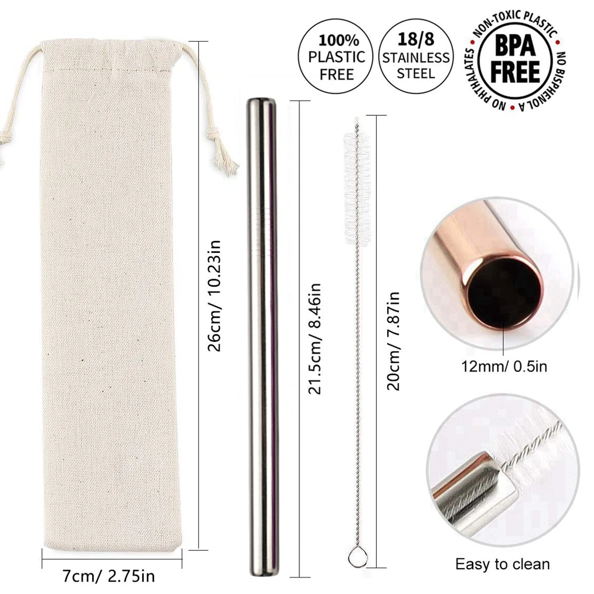 12mm Wide Eco-friendly Drinking Straws Reusable Bubble Tea Straws 304 Stainless Steel Straws Metal Straws for Boba Milkshakes