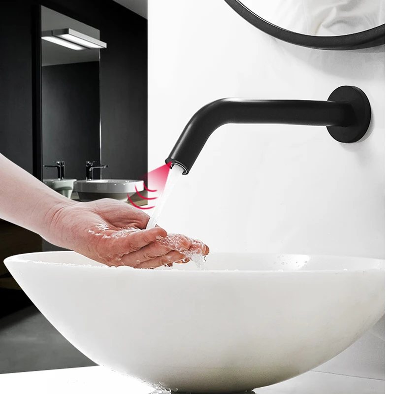 MTTUZK Matte Black  Brass Wall Mounted  Automatic Sensor Faucet Bathroom Wash Basin Touchless infrared Faucet Hot Cold Water Tap