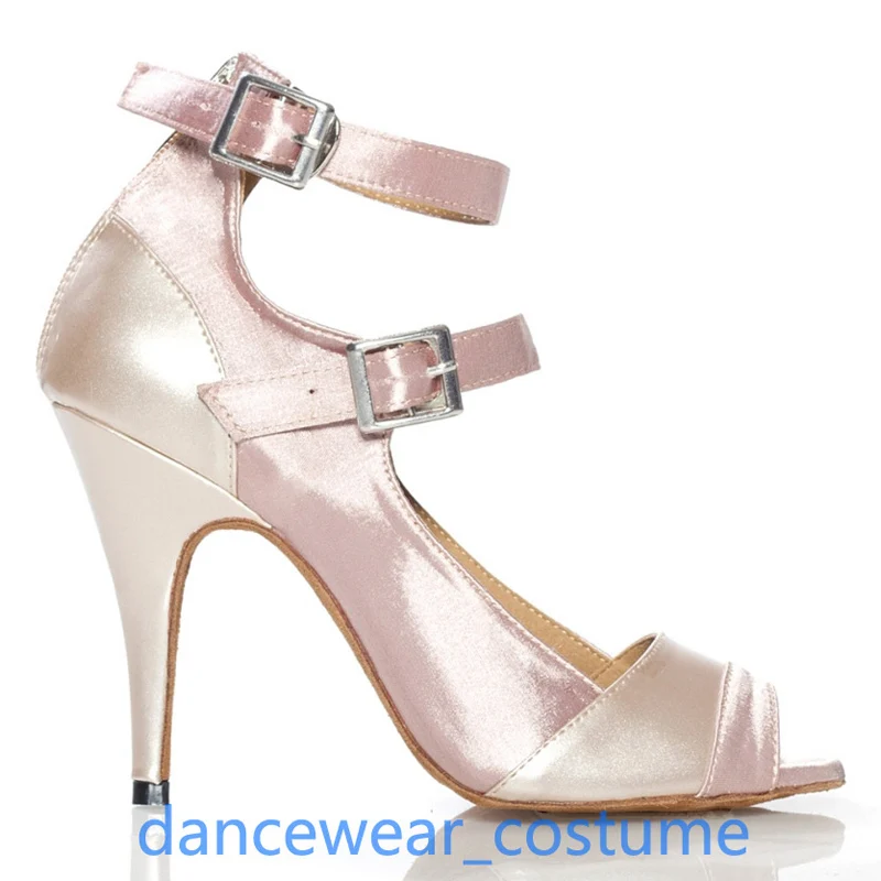 Scarpe da ballo salsa tango latino in raso da donna Scarpe da donna per ragazze Beige Rumba Jazz Sandali con tacco alto con suola in morbida pelle scamosciata US5-9