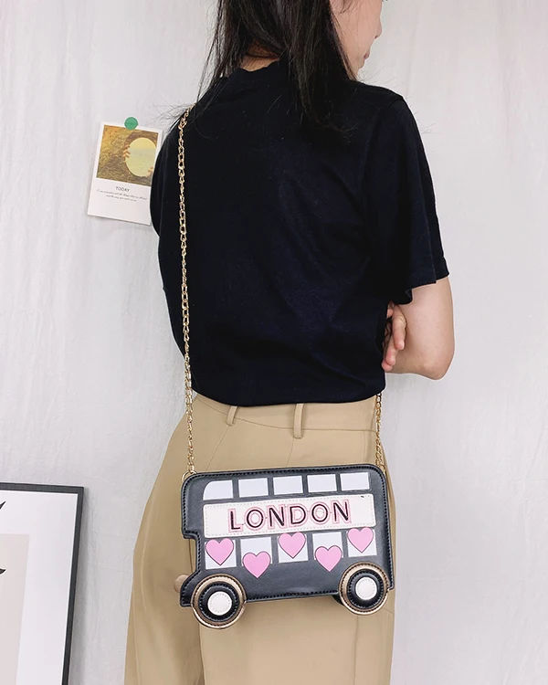 Cute LONDON Bus Design Girsl Chain Shoulder Bag Embroidered Cartoon Women Novelty Purses and Handbags Fashion Red Crossbody Bag