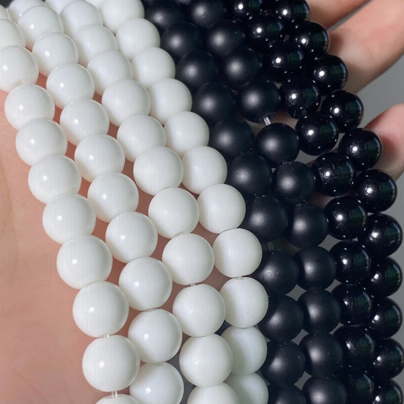 Wholesale Natural Stone White Black Agates Dull Polish Matte Onyx Beads Round Beads for Jewelry Making DIY Bracelets 4-12mm 15"