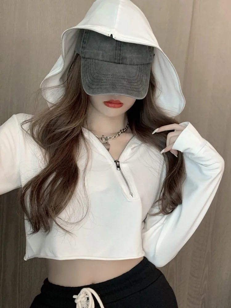 2021 Autumn Solid Basic Sweatshirts zipper For Women Casual Long Sleeve Female Cropped Hoodies Korean Streetwear Outfits