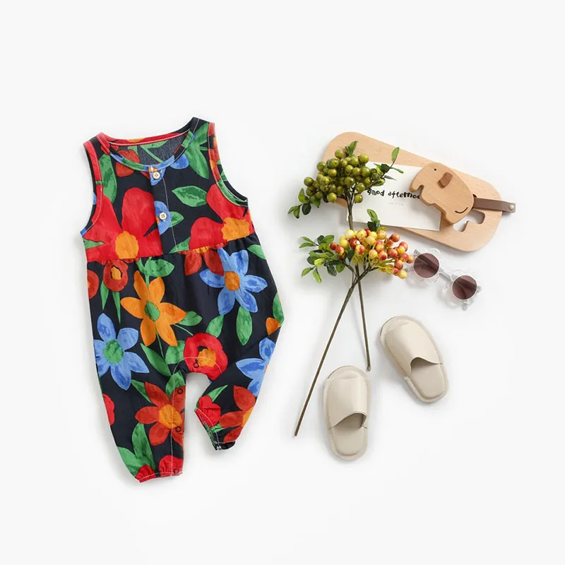 Zomer Meisjes Kleding Bloemen Katoenen Mouwloze Rompertjes