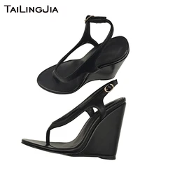 Black Wedge Heel Sandals for Women High Heel Shoes Ladies Stylish Flip Flops Plus Size Thong Heels Wedges Party Shoe Evening