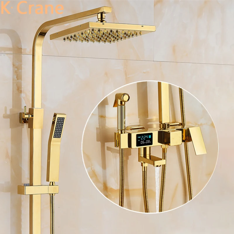 

Gold Digital Shower System Set Bathroom Hot Cold Mixer Thermostatic Bath Faucet Bathtub SPA Rainfall Luxury Grifo Wall Mount Tap