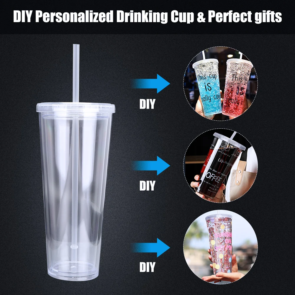 Reusable Drinking Cup Straw Cup With Lid Double-layer Plastic Tumbler Transparent Tea Fruit Coffee Mugs DIY Outdoor Sport Bottle