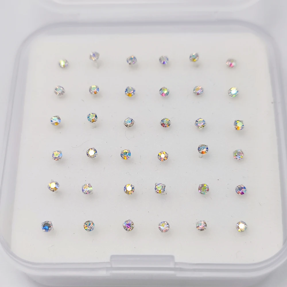 925 Sterling silver nose stud 2.0mm clear crystal straight silver nariz piercing jewelry 36pcs with new packing box