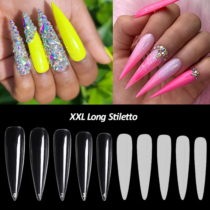 

500 PCS Extra Long Full Cover Stiletto Nail Tips XXL Tips Long Sharp Almond Acrylic False Nail Art Tips 10 Sizes for DIY Finger