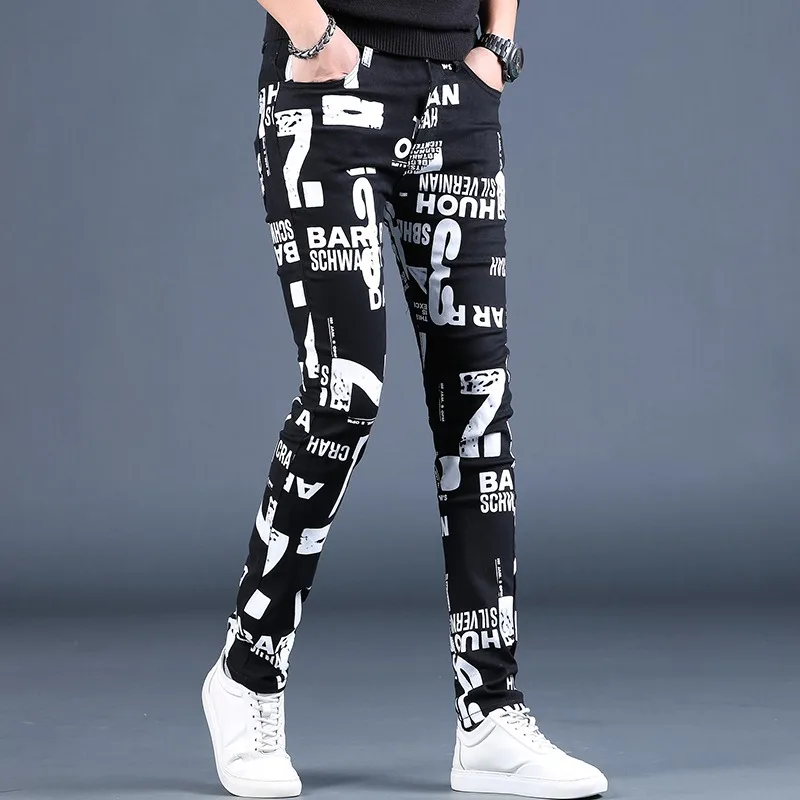 Autumn Black Jeans Men Fashion Letter Printed Pants Casual Slim Fit Jean Streetwear Mens Denim Trousers