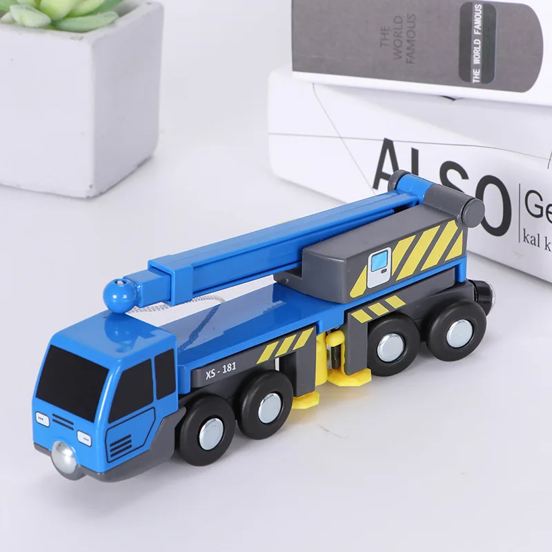 Diecast Telescopic Boom Lifting Crane Inertia Hand Push Engineering Vehicle Compatible with Wooden Train Track Toys for Kids