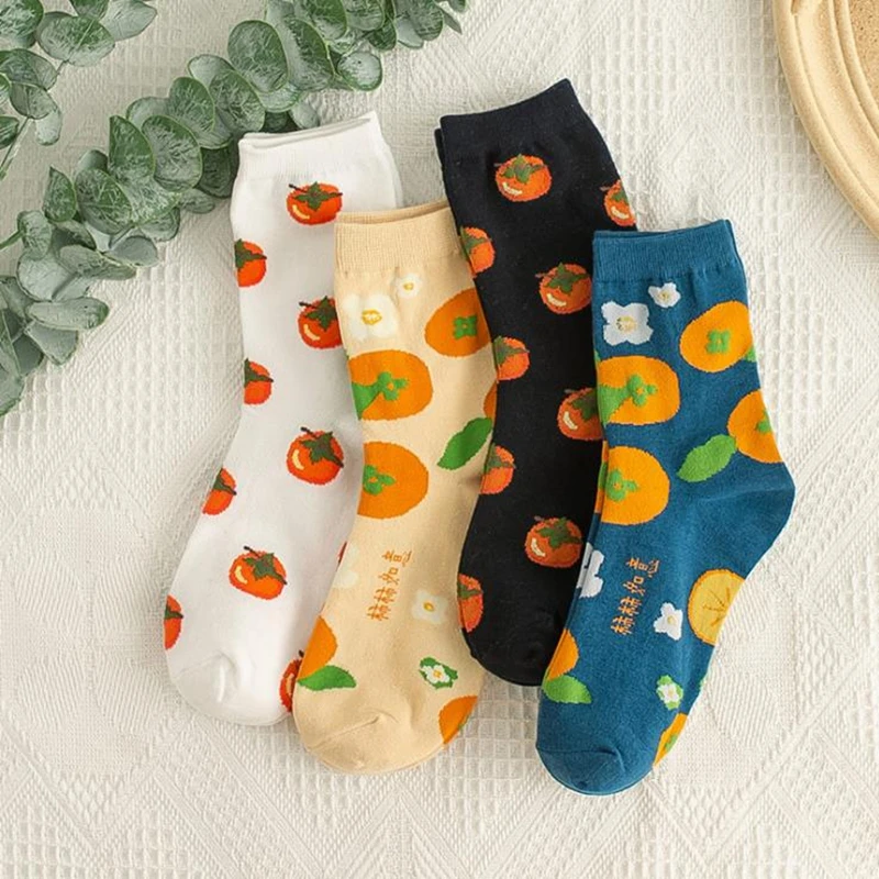 New Cute Fruit Printed Women Socks Japan harajuku Cartoon Colorful Persimmon Crew Socks  Fashionable Holiday Ggift Girls Socks