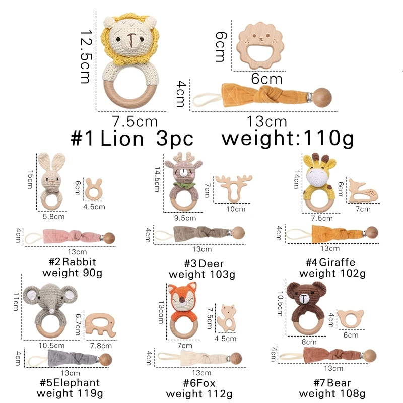1Set Baby Häkeln Beißring Rassel Sicher Buche Holz Beißring Ring Schnuller Clip Neugeborenen Mobilen Gym Pädagogisches Spielzeug Geburtstag Geschenk