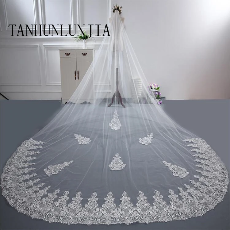 

Real Photo 3m One Layer Wedding Veil With Comb White Lace Edge Bridal Veils Ivory Appliqued Cathedral Wedding Veil