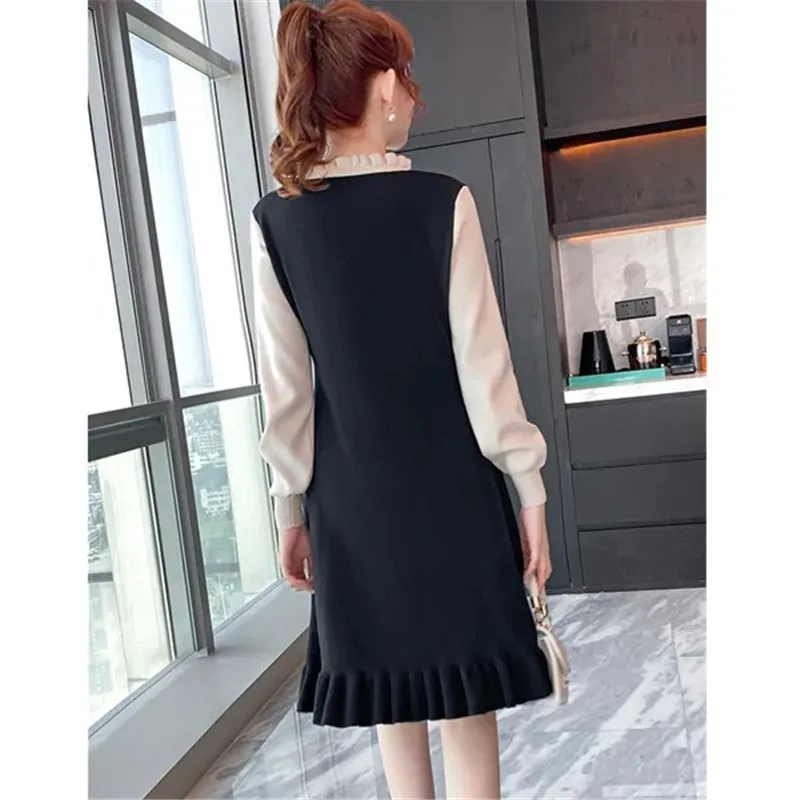 Spring Autumn Women Chic Casual Oversize A-Line Long Sleeve Fake two Sweater Dress Knit Female Knitted office ladies Dress A822