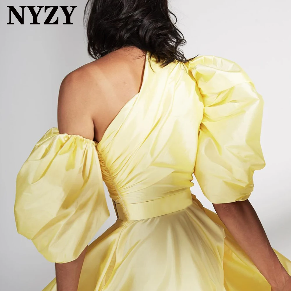 NYZY Chic PuffyแขนTaffetaสีเหลืองสั้นDresses 2021ชาความยาวชุดพรรคค็อกเทลสำเร็จการศึกษาHomecoming Robes