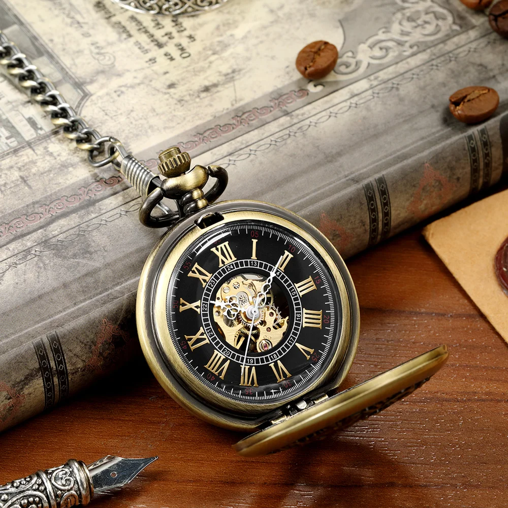 Classic Retro Automatic Mechanical Men\'s Pocket Watch Roman Numeral Dial Dragon Phoenix Engraving Pattern Watches Hollow Design