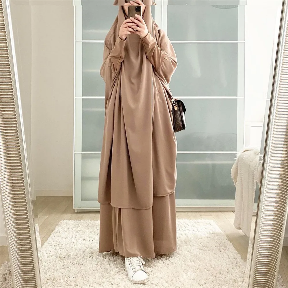 

Women Abaya Ramadan 2 Piece Skirt Suits Robe Prayer Garment Dress Khimar Hijab Robe Islam Abayat Muslim Sets Islamic Clothing