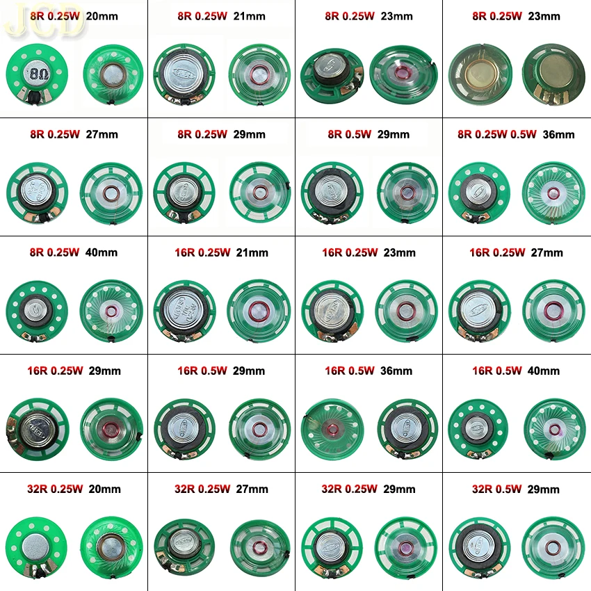 JCD 2PCS 8 Ohm 0.25W 0.5W 16/32Ohm Głośnik tubowy 8R 16R 32R 20mm 21mm 23mm 27mm 29mm 36mm 40mm Średnica Głośnik