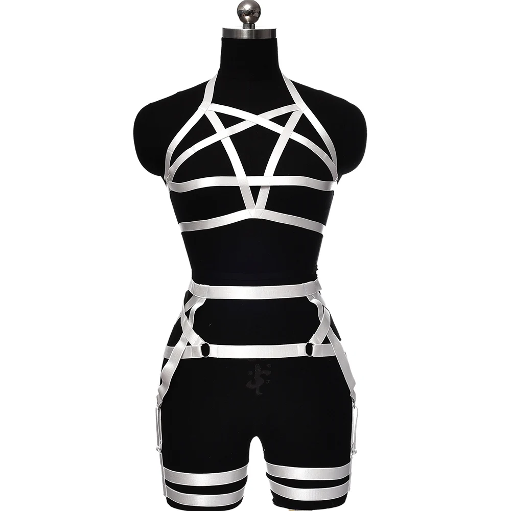 BONDAGE STRAPPY Women Sexy Harness Set Crop Top Pentagram Cage Bra Elastic BodySuit Star Stockings High Waist Garter Belt