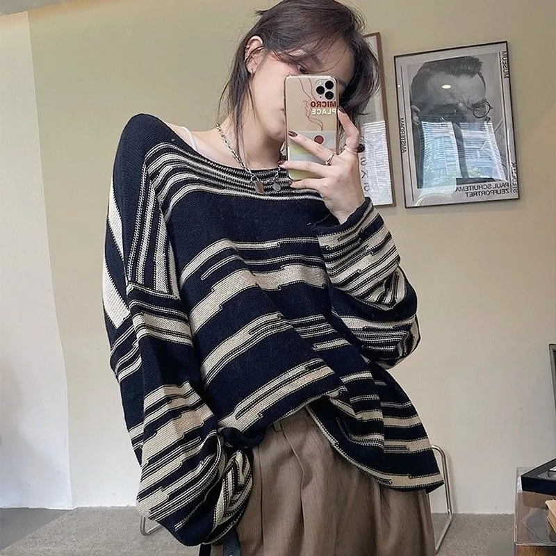 Knitted Sweater Pullovers Zebra Striped O-neck Bating Sleeves Causal Loose Female Korean Fashion All-match Soft Women's Clothes