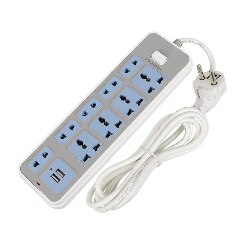 Power Strip 4AC Universal Outlets Plug 2USB 2m/6.4ft Extension Cord Individual Switched Overload Protection 2500W 10A Socket