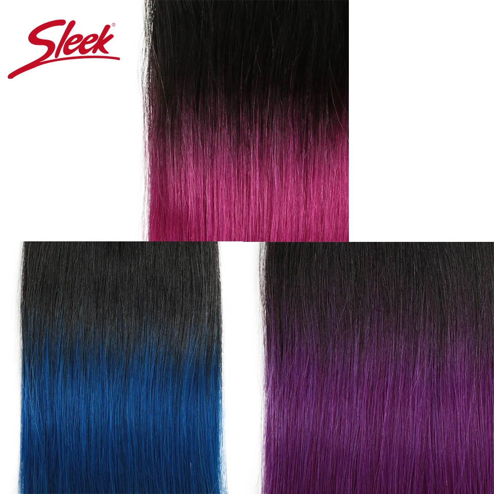 Rambut Manusia Lurus Peruvian Remy Ramping Ganda Warna Ombre 1B/Merah Muda dan 1B Ungu Biru Pirang 613 Bundel Ekstensi Rambut