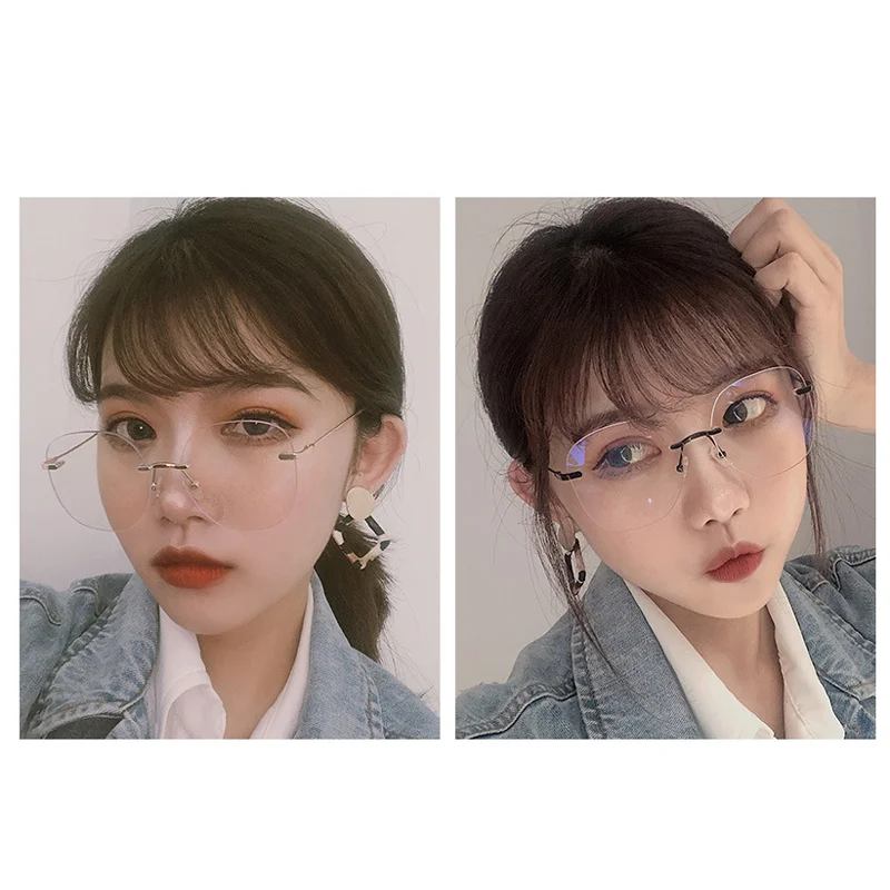 Metal Rimless Glasses Frame Women Prescription Anti-blue light Myopia Optical Oval Eyewear 0 -0.5 -1.0 -1.5 To -5.0