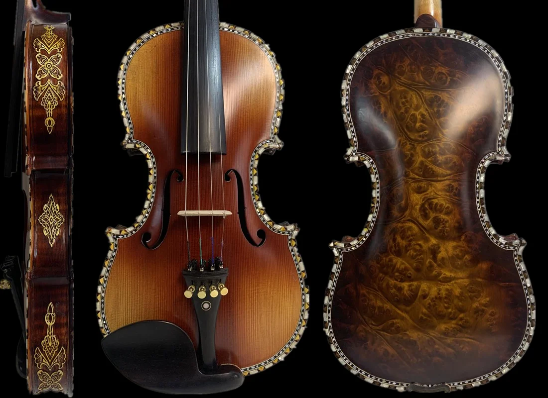 

Strad style SONG master 4 strings 4/4 3/4 1/2 bird's eye wood 4/4 violin,inlay shell and carving rib One-piece Flame Maple Back