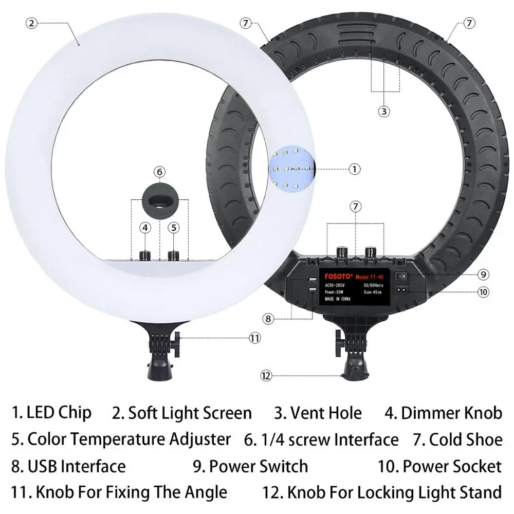 Fusitu FT-45 18 Inch LED Ring Light Photographic Lighting 2700-6500K Fill Ring Lamp With Remote Tripod For Camera Phone Makeup