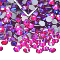 JUNAO SS6 8 10 12 16 20 30 Fuchsia AB Glass Hotfix Rhinestones Applique Iron On Crystal Stones Hot Fixation Strass for Clothes