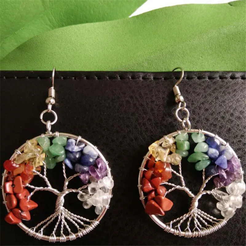 Charms 7 Chakra Natural Stone Tree Of Life Pendulum Crystal Earrings For Women Healing Drop Pendant Earring Quartz Reiki Jewelry