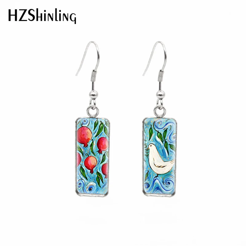 2021 New Pomegranate Tree with Bird Rectangular Earring Peace Dove Fish Hook Earrings Glass Cabochon Handmade Jewelry