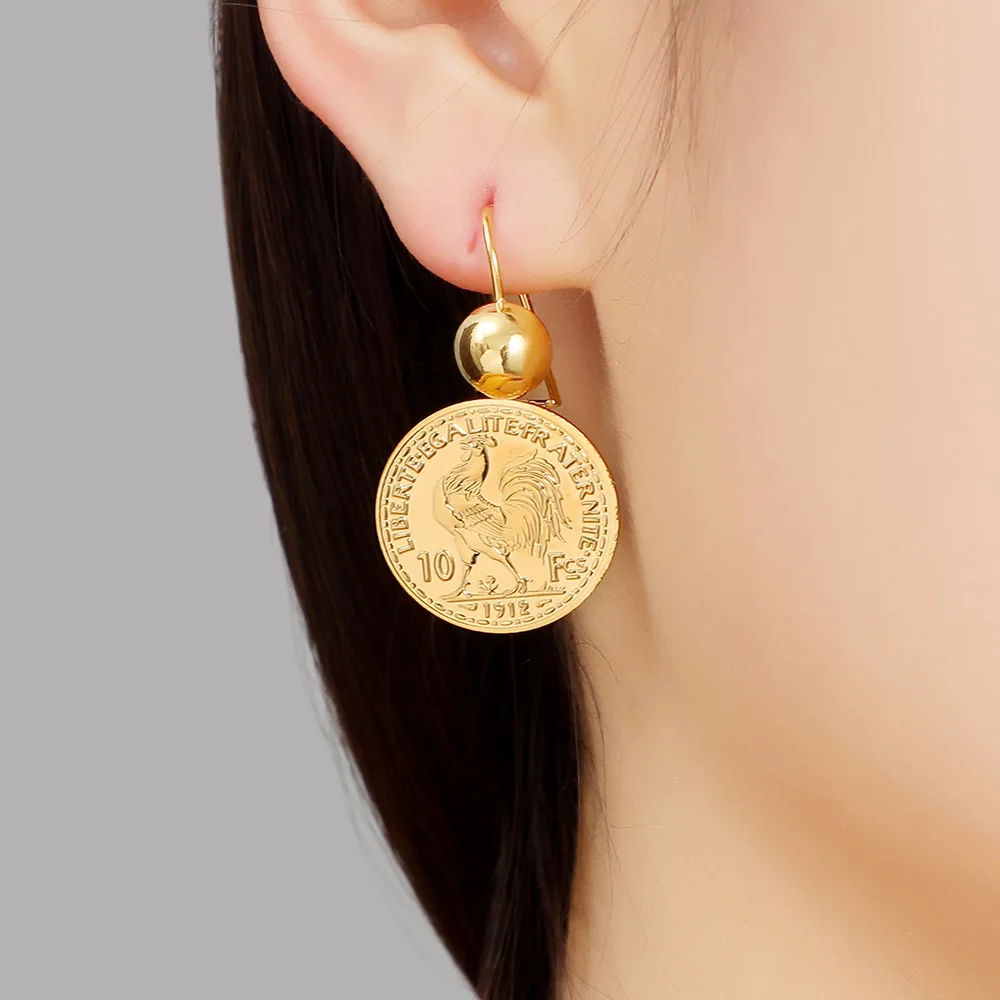 Vintage Engraved Coin Drop Dangle Earrings for Women 10 Franc Coin Round Pendant Earring Pendientes Drop Shipping