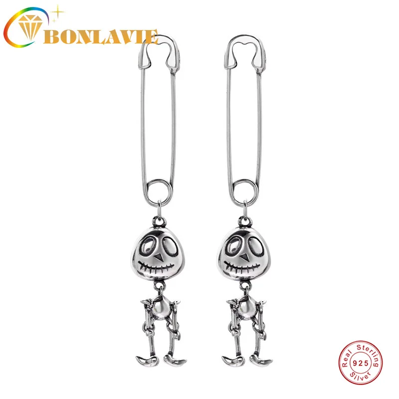 BONLAVIE 925 Sterling Silver Fun Pin Skull Earrings Retro Vintage Thai Silver Ins Design Funny Alternative