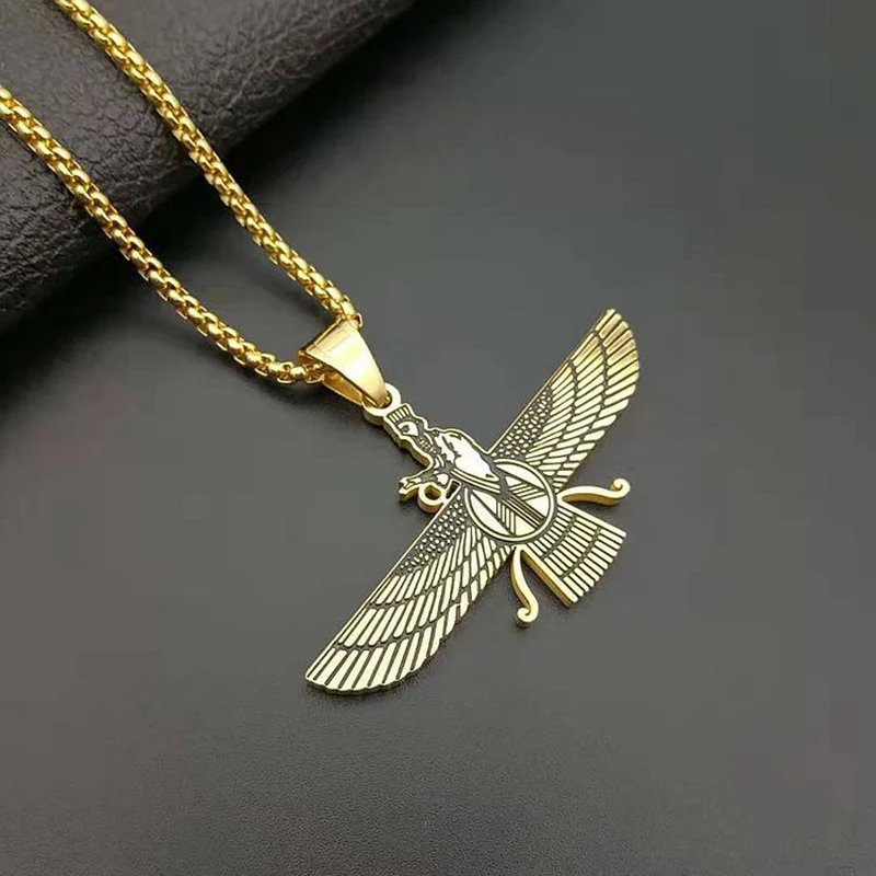 الهيب هوب روك الفولاذ المقاوم للصدأ إيران Faravahar Ahura مازدا قلادة قلادة للرجال الزراديوية مجوهرات الذهب والفضة اللون