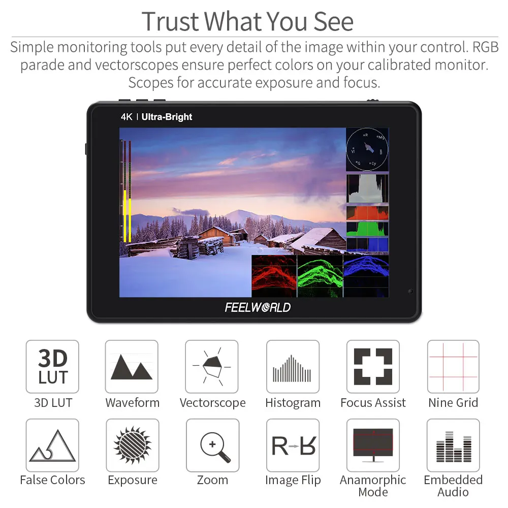 FEELWORLD LUT7 7 Inch Camera Field Monitor 2200nits Touch Screen 3D LUT 4K HDMI Monitor with Waveform VectorScope Histogram Mode